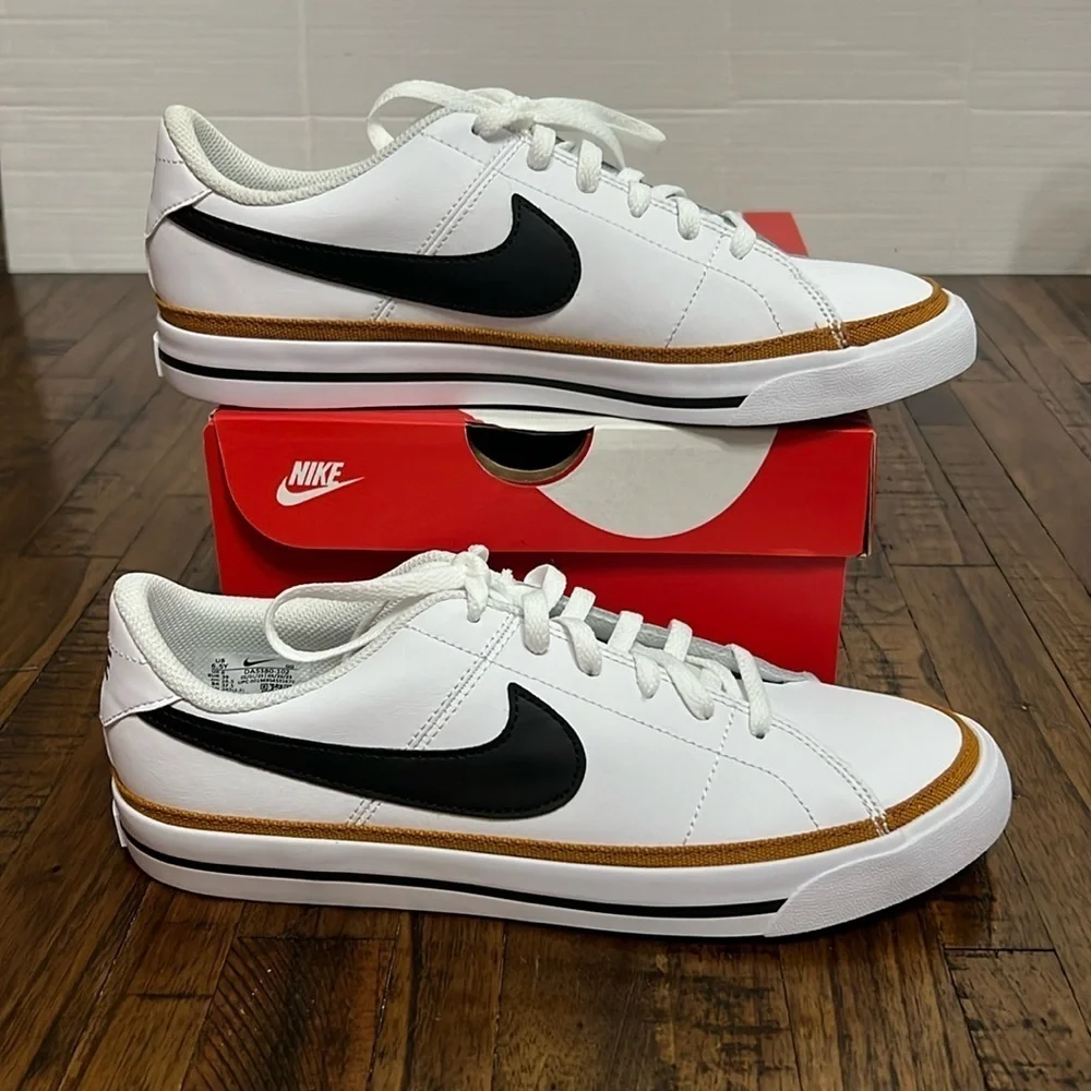Nike Court Legacy White Black Brown Sneakers Youth 6.5  or Women’s 7.5 NWT